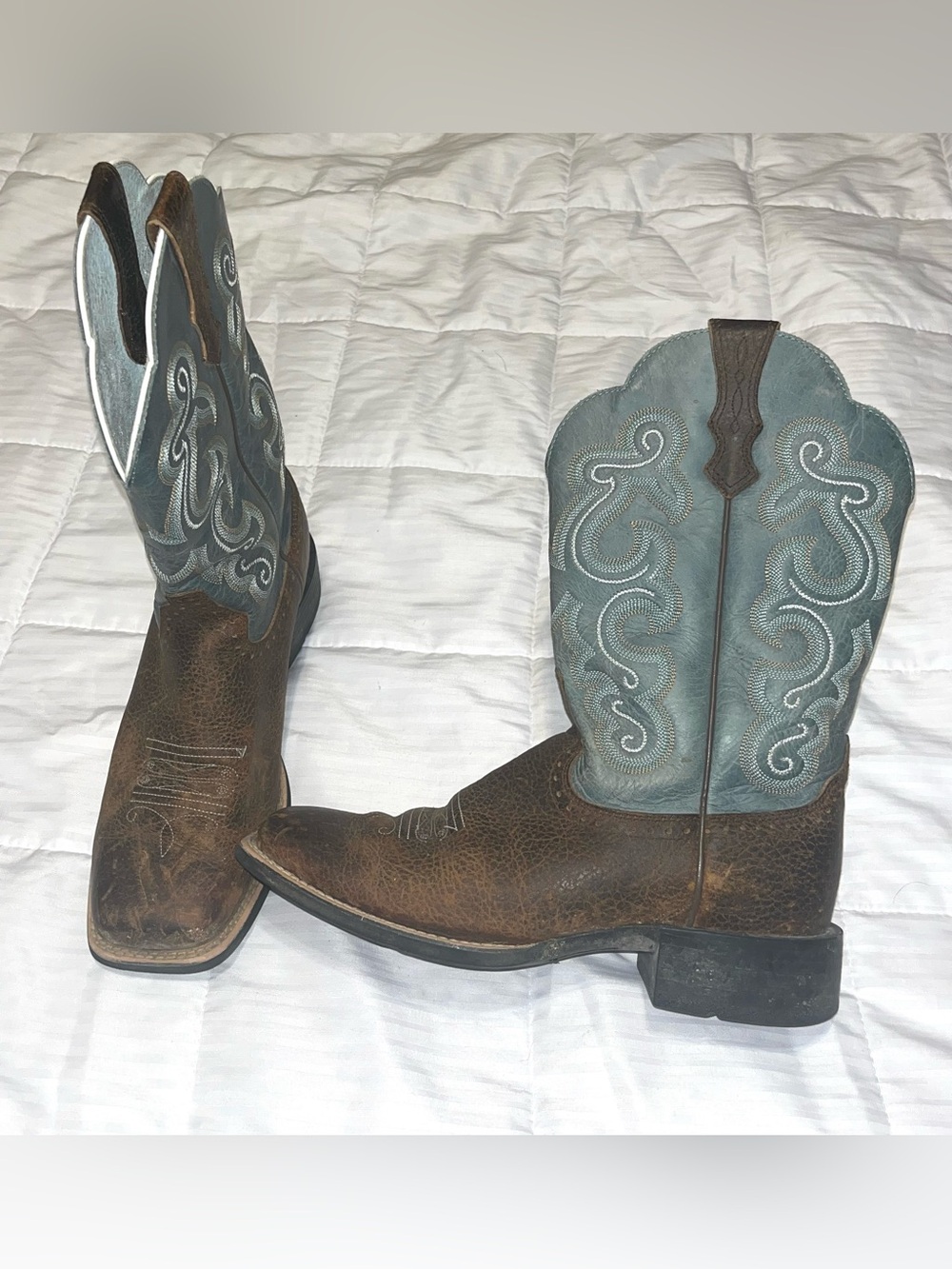Ariat Women's Quickdraw Brown Teal Leather Square Toe Western Boots Size 8C